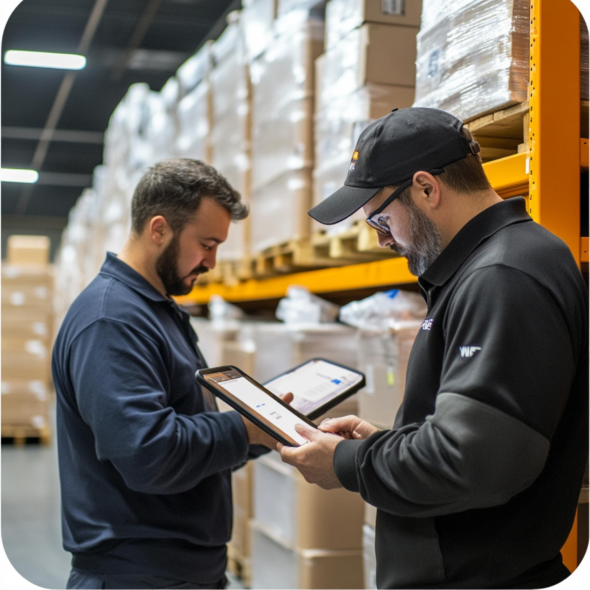 Two warehouse workers reviewing a digital checklist on a tablet